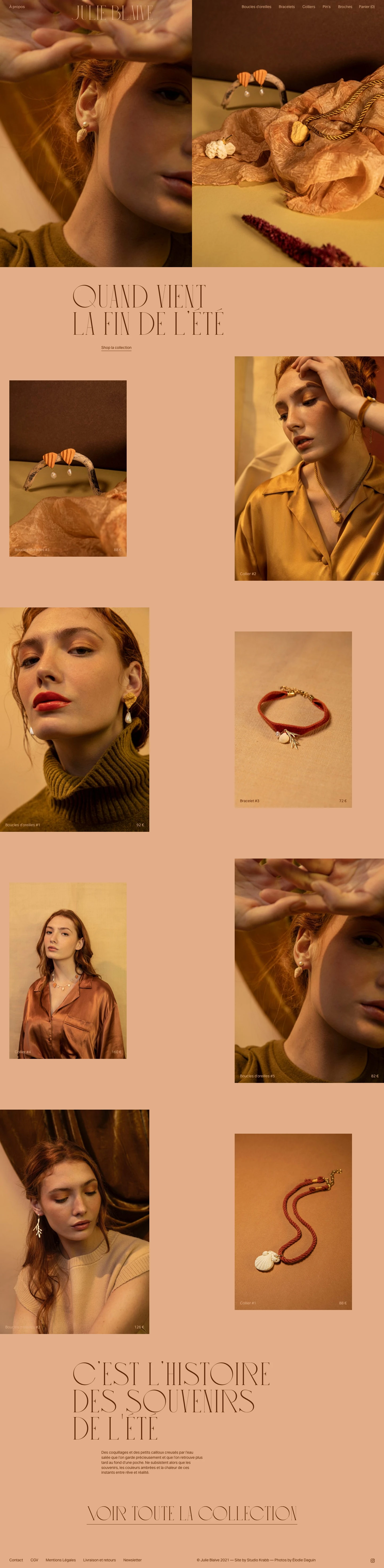 Julie Blaive Landing Page Example: Creations embodied and carrying stories. Each piece is invented, designed and handcrafted in France, in a limited series.