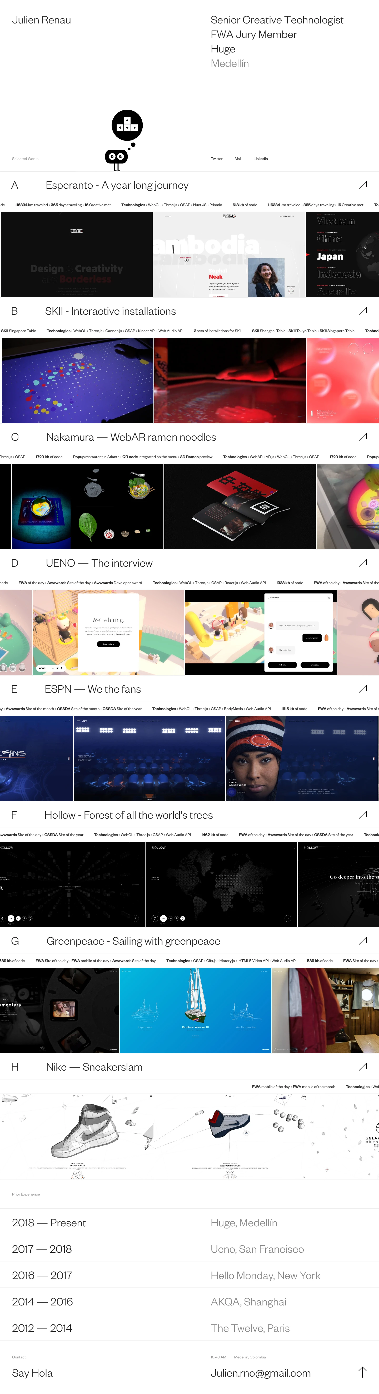 Julien Renau Landing Page Example: I'm Julien, a Senior Creative Technologist with a design focus profile, always trying to coordinate code and design inspiration to get a nice crafted experience.