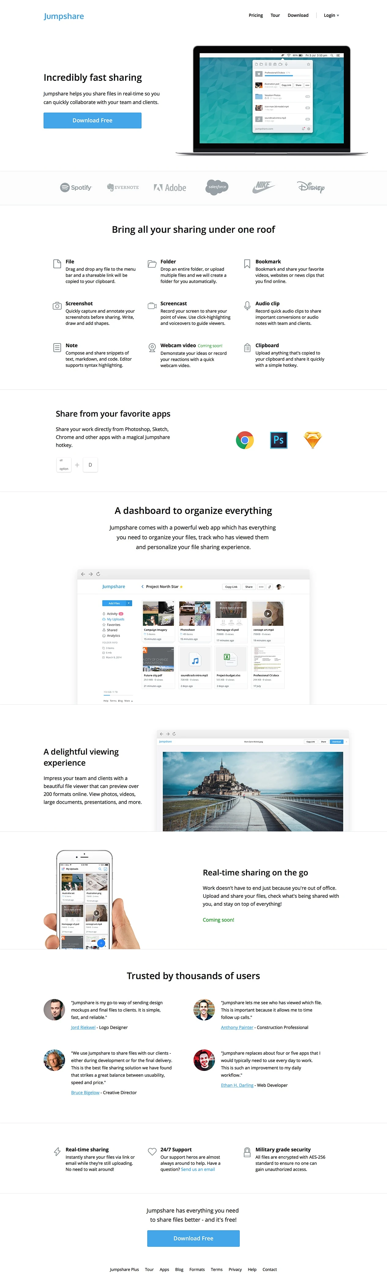 Jumpshare Landing Page Example: Share unlimited files, screenshots, screencasts, and more with your team and clients. Collaborate in real-time, preview 200+ file formats online - all for free!