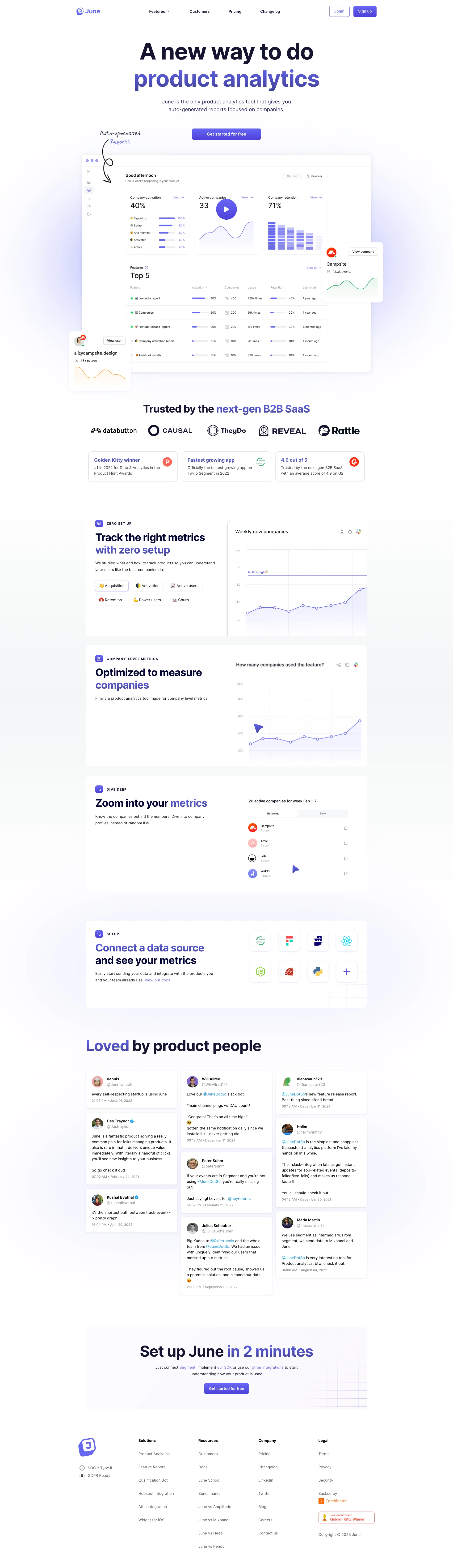 June Landing Page Example: A new way to do product analytics. June is the only product analytics tool that gives you auto-generated reports focused on companies.