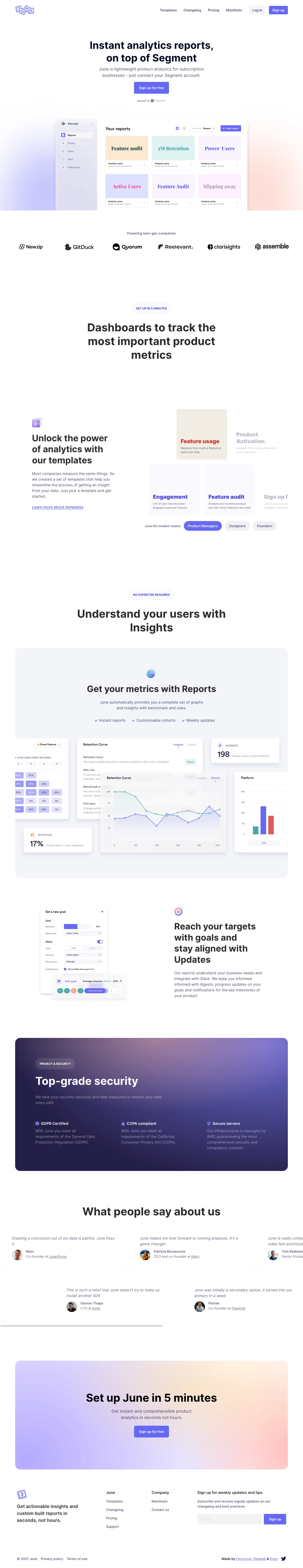 June Landing Page Example: June is a lightweight product analytics for B2B SaaS. Get actionable insights and custom-built reports in seconds, not hours.