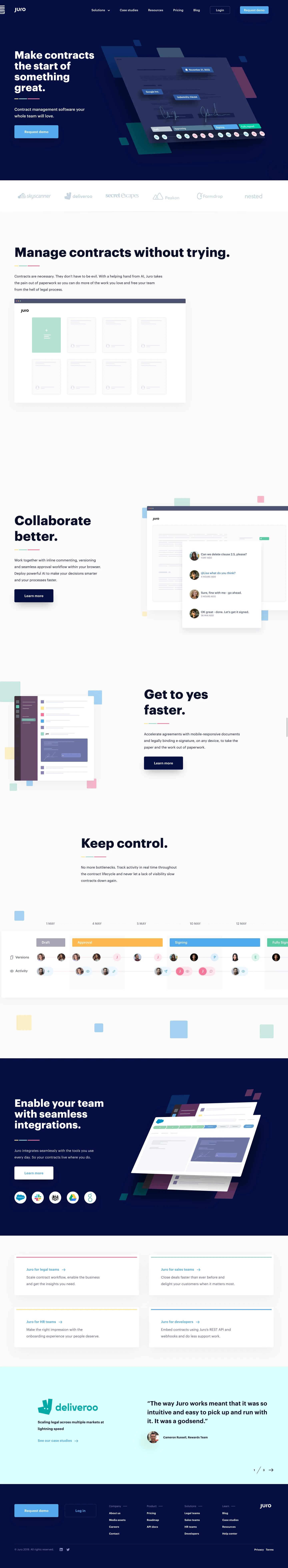Juro Landing Page Example: Make contracts the start of something great. Create, collaborate, sign, track: AI-enabled end-to-end contract management software your whole team will love.