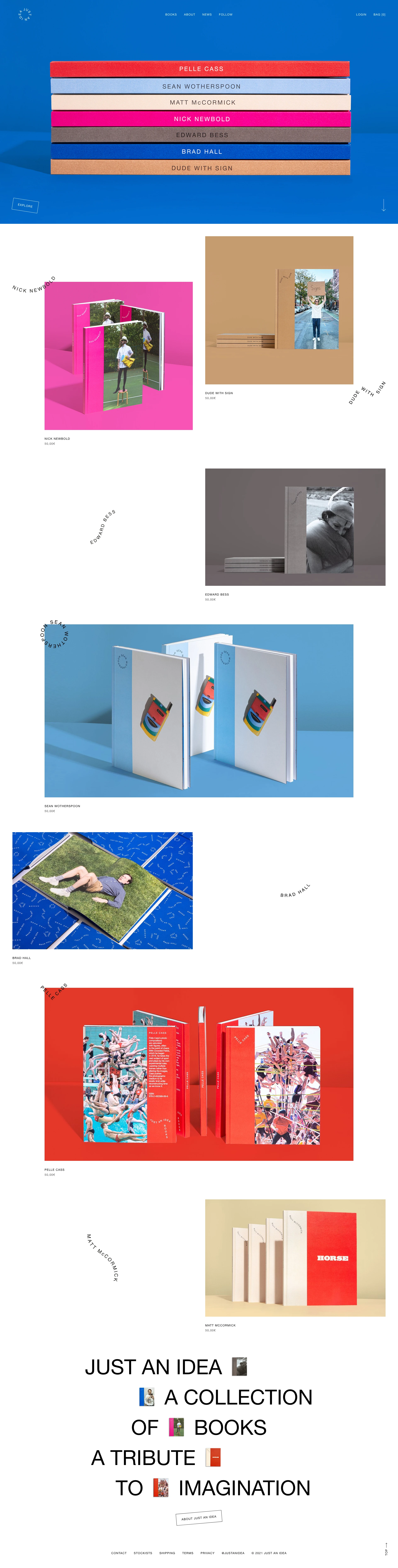 JUST AN IDEA Landing Page Example: A collection of books. A tribute to imagination. So Shibuya, Nicole Mclaughlin, Douglas Coupland, Eric Ng, Louis Géraud-Castor.