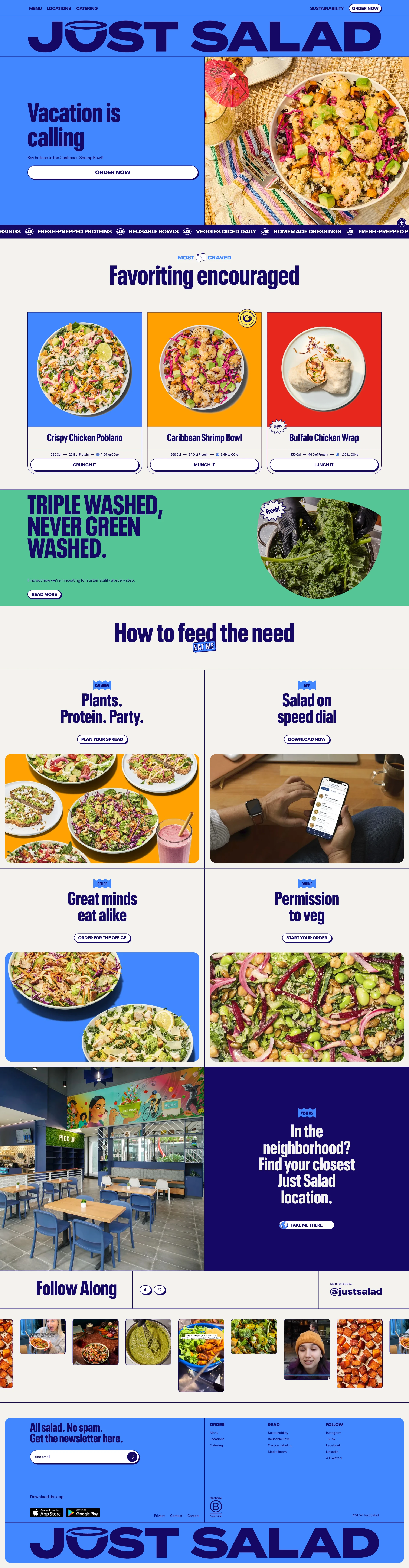 Just Salad Landing Page Example: Give in to hunger without giving up on what really matters. From reusable bowls to our plant-centric menu, we're doing business differently. Find your craving at Just Salad.