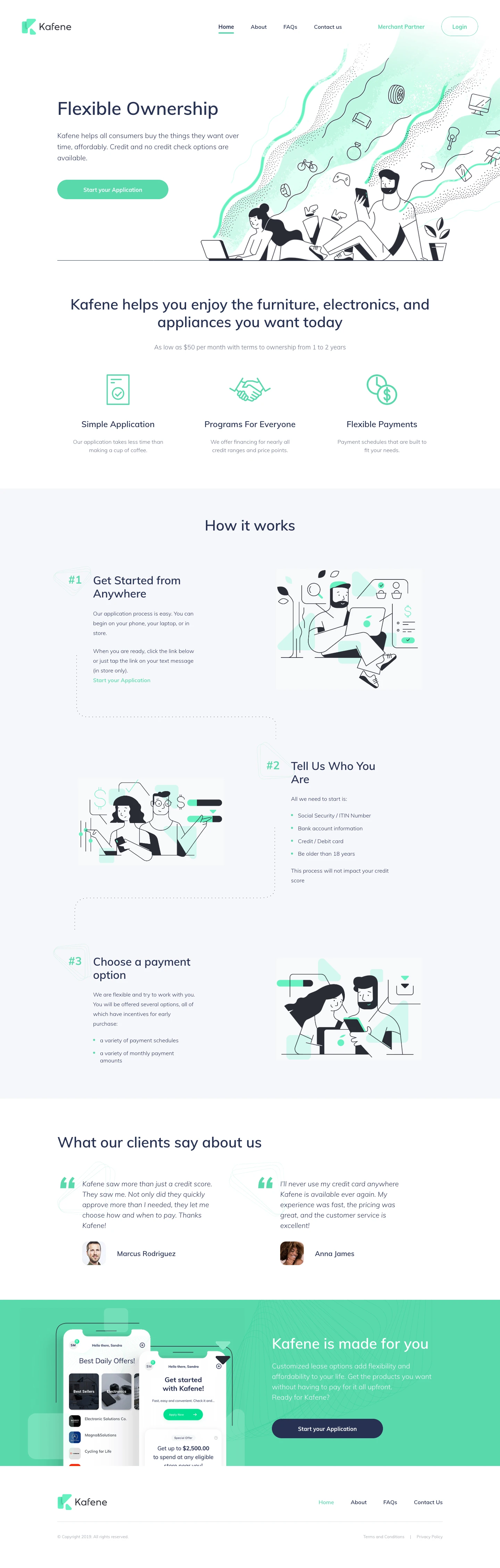 Kafene Landing Page Example: Kafene helps all consumers buy the things they want over time, affordably. Credit and no credit check options are available.