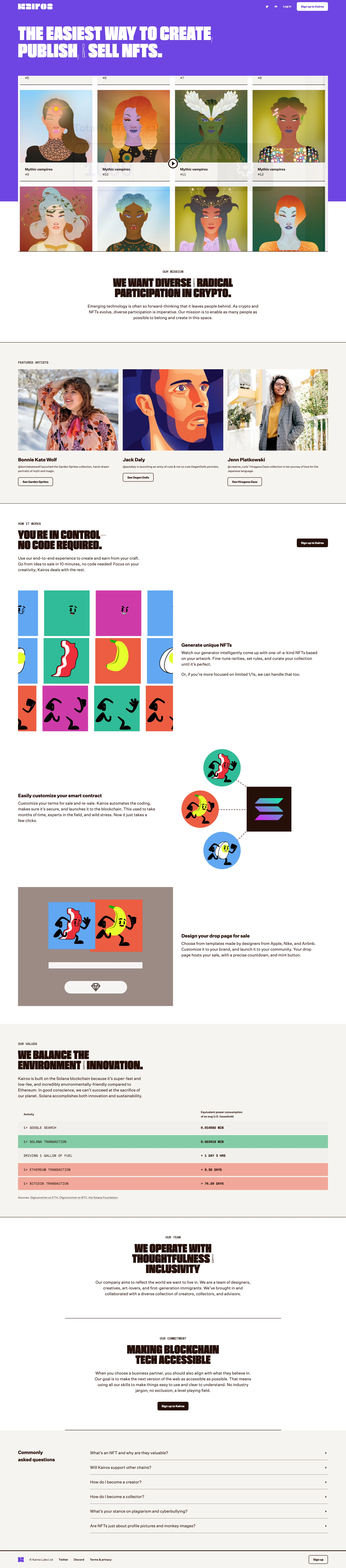 Kairos Landing Page Example: Generate, publish, & sell NFTs in one place, without touching a line of code! A platform for all creators—we believe in radical & diverse participation in Web3.