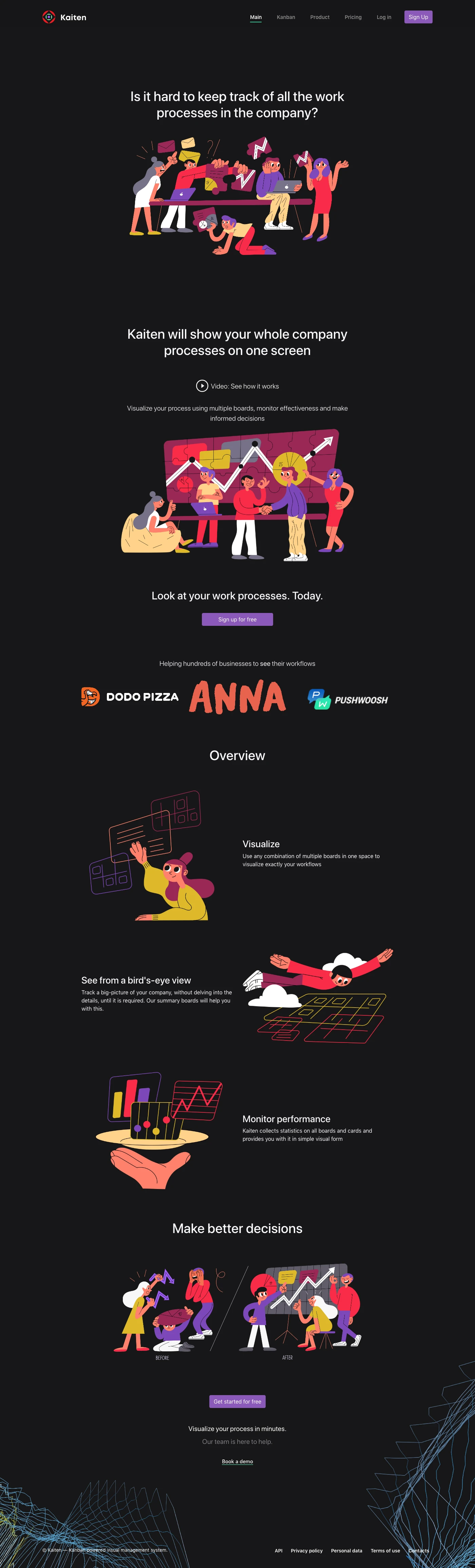 Kaiten Landing Page Example: Kanban powered visual management system