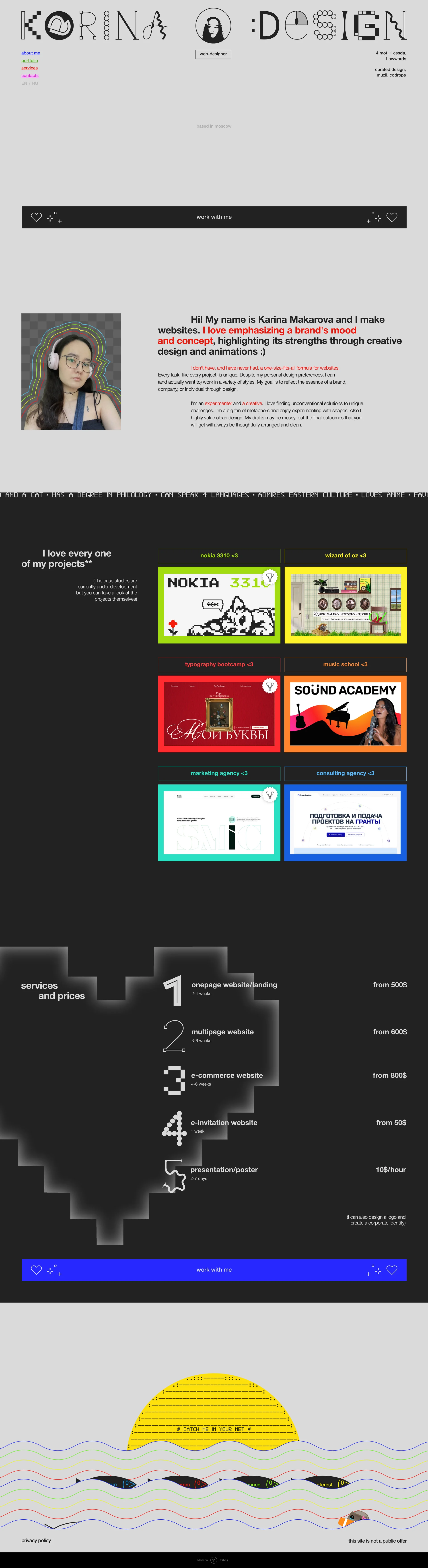Karina Makarova Landing Page Example: Hi! My name is Karina Makarova and I makewebsites. I love emphasizing a brand's moodand concept, highlighting its strengths through creative design and animations