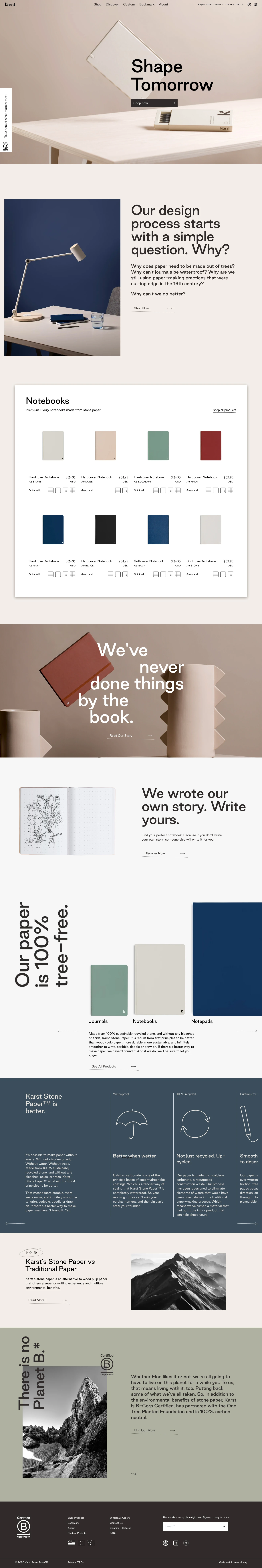 Karst Landing Page Example: Karst is a Certified B Corporation. Paper Made From Recycled Stone. Buy Stone Paper Notebooks, planners, journals and accessories made from recycled stone. We make everyday tools from alternative, responsibly sourced and manufactured materials.