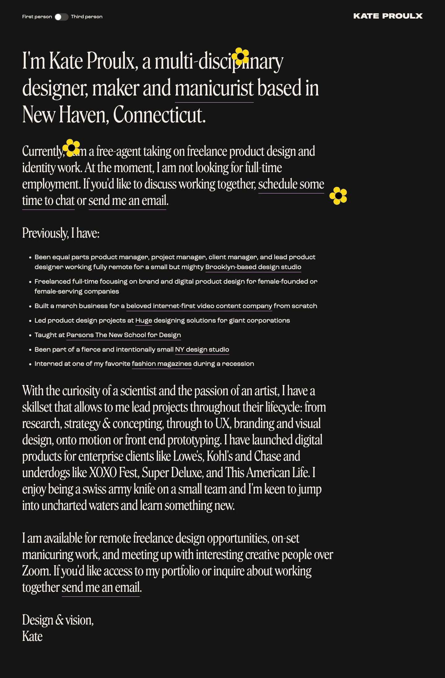 Kate Proulx Landing Page Example: Kate Proulx is an independent creative director and digital product designer based in New Haven, CT.