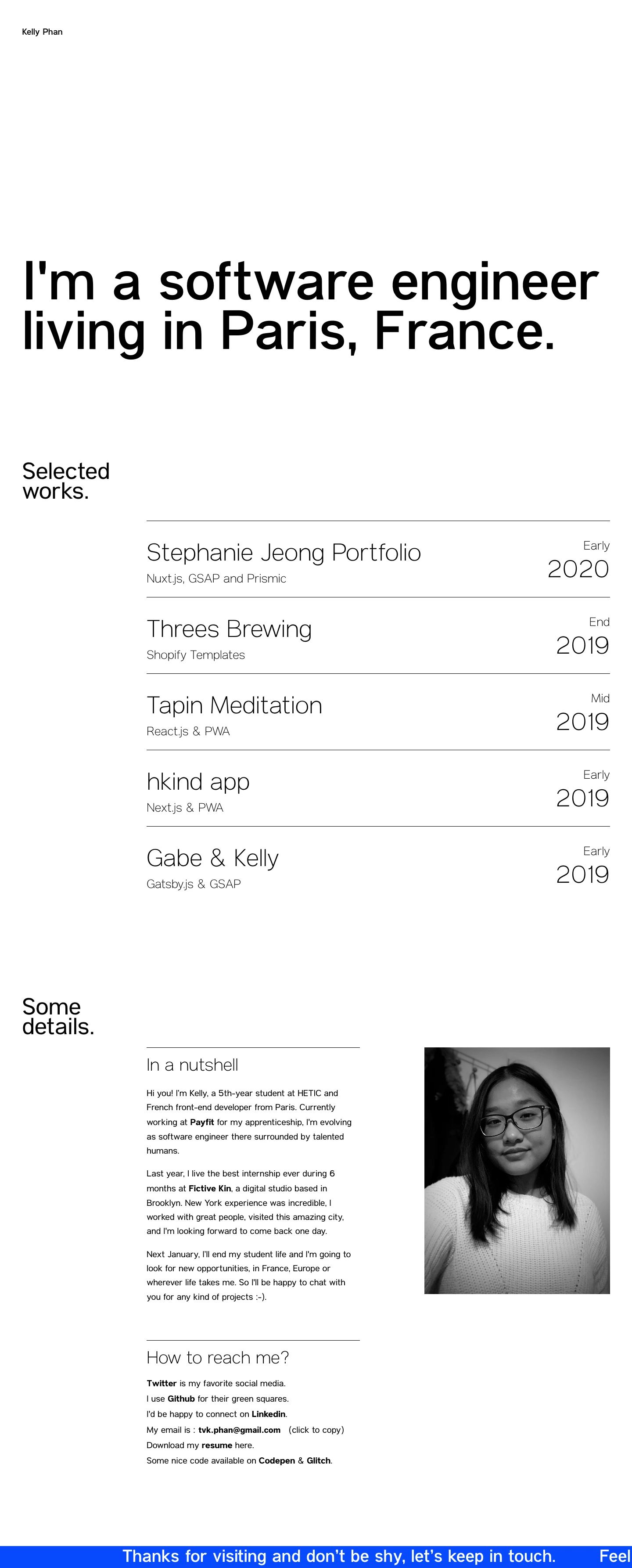 Kelly Phan Landing Page Example: I'm a French frontend developer based in Paris. I'm a digital enthusiast and I'm always curious to learn new things. I'm available for freelance and I'm looking for a 6-months internship abroad.