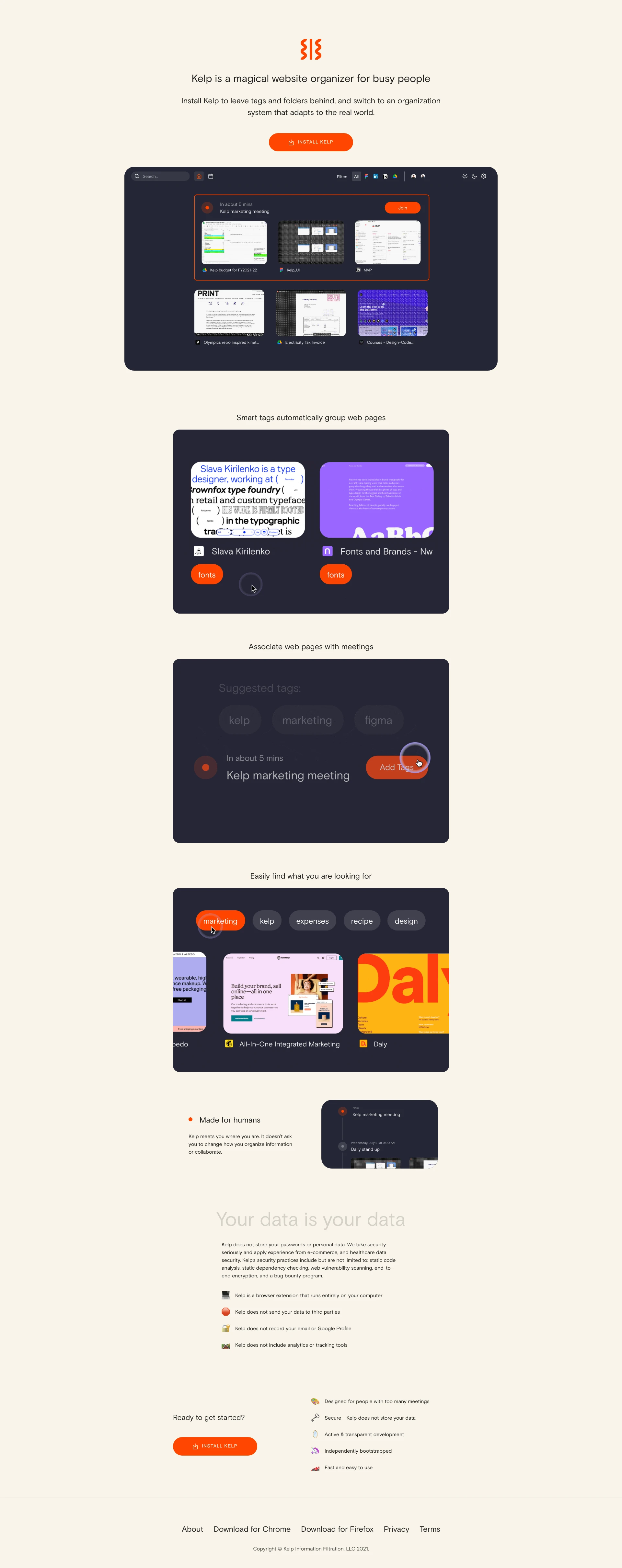 Kelp Landing Page Example: Kelp is a magical website organizer for busy people. Install Kelp to leave tags and folders behind, and switch to an organization system that adapts to the real world.