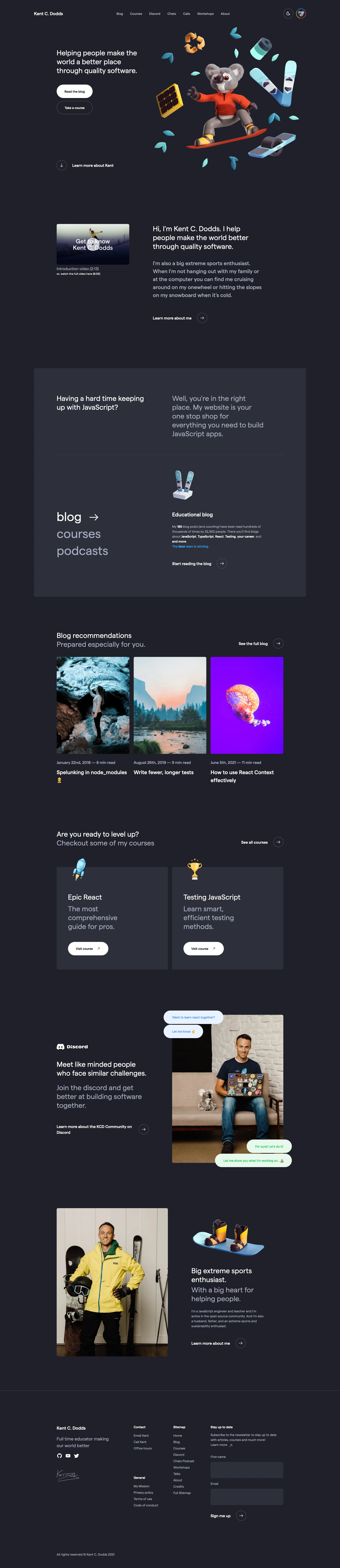 Kent C. Dodds Landing Page Example: Helping people make the world a better place through quality software.