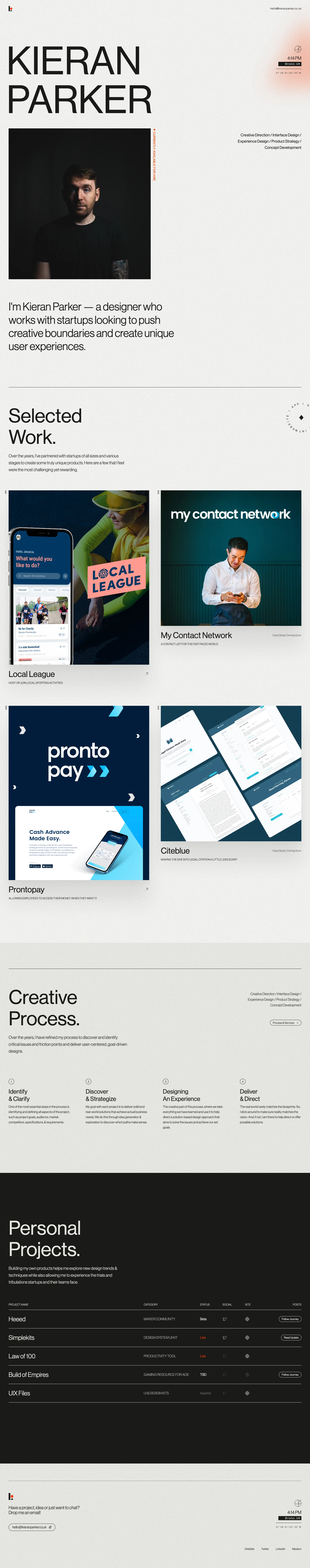 Kieran Parker Landing Page Example: I'm Kieran Parker — a designer who works with startups looking to push creative boundaries and create unique user experiences.