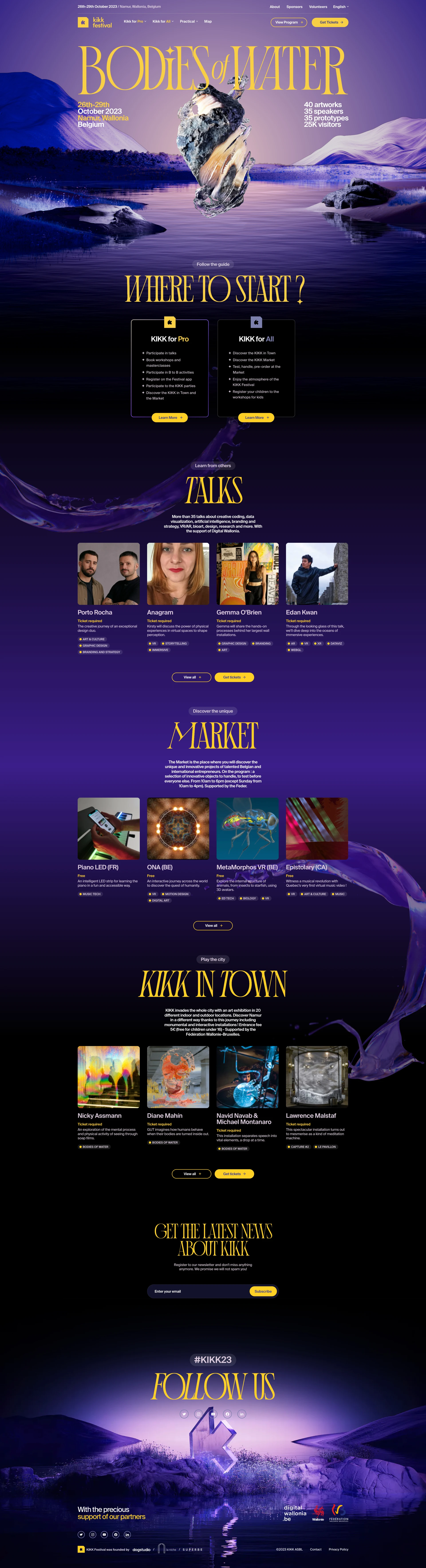 KIKK Festival 2023 Landing Page Example: International festival of digital & creative cultures exploring the crossovers between art, science & technology.