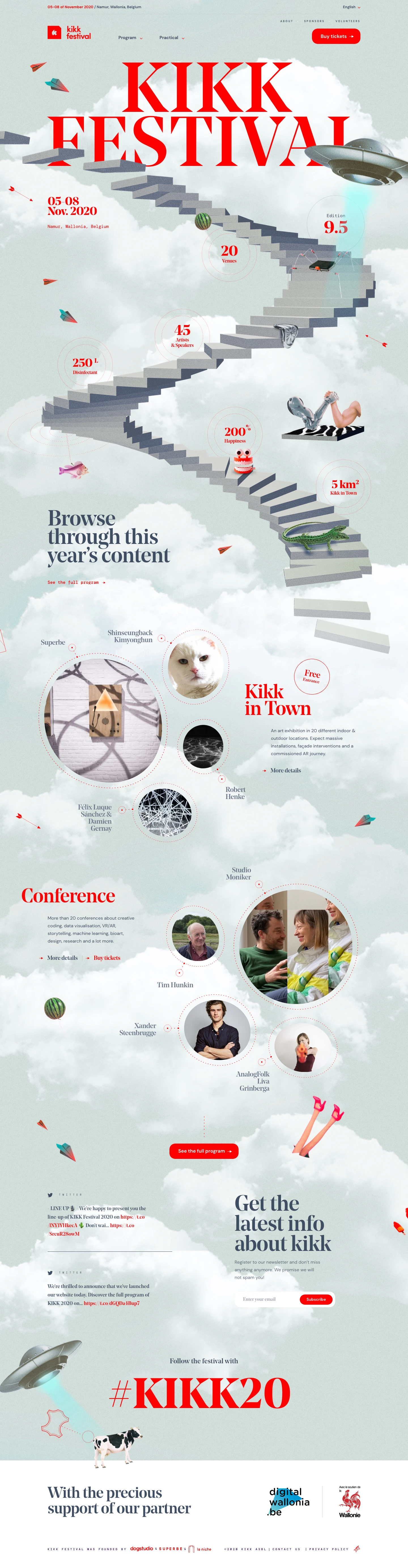 KIKK Festival 2020 Landing Page Example: Founded in 2011 in Namur, Belgium, KIKK is a non-profit association that promotes digital and creative cultures. We create bridges between art, culture, science and technology through 4 major projects. First of all, the yearly KIKK festival, an event that has become well renowned on the international digital & creative scene.