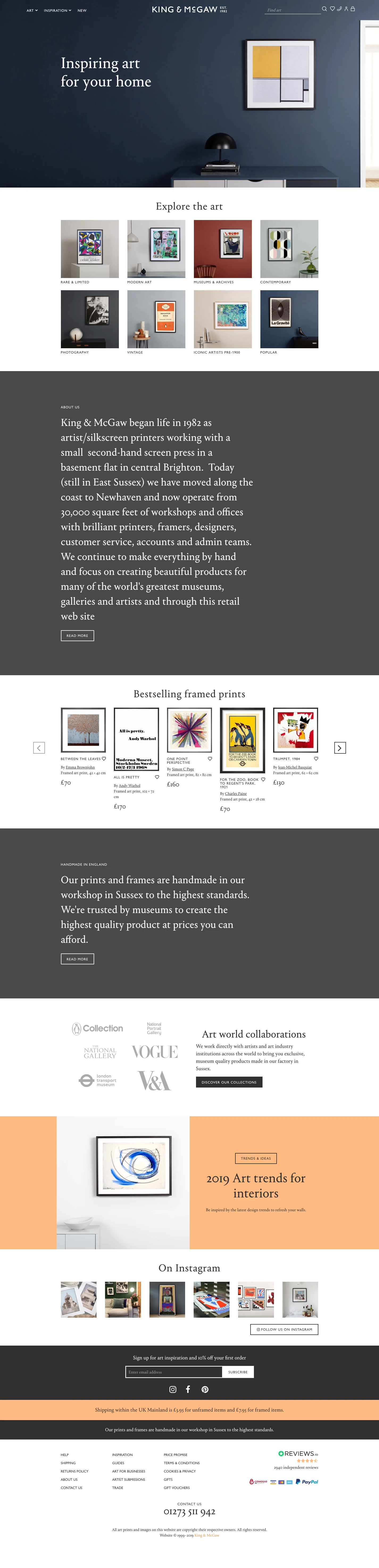 King & McGaw Landing Page Example: Our prints and frames are handmade in our workshop in Sussex to the highest standards. We're trusted by museums to create the highest quality product at prices you can afford.