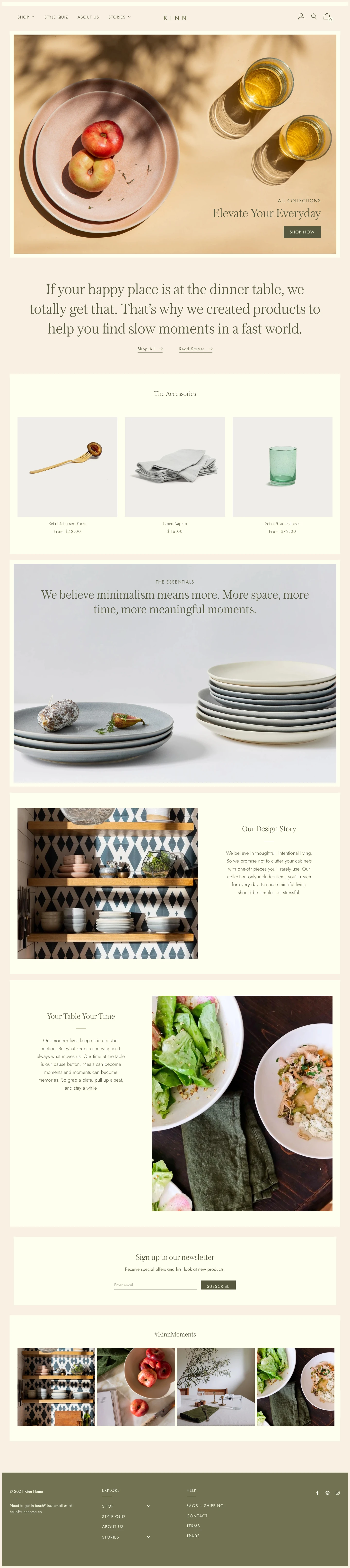 Kinn Home Landing Page Example: Kinn makes thoughtfully designed, premium dining essentials to elevate everyday living. Our goal is to make great design more accessible, to cultivate the movement toward slower, simpler living.