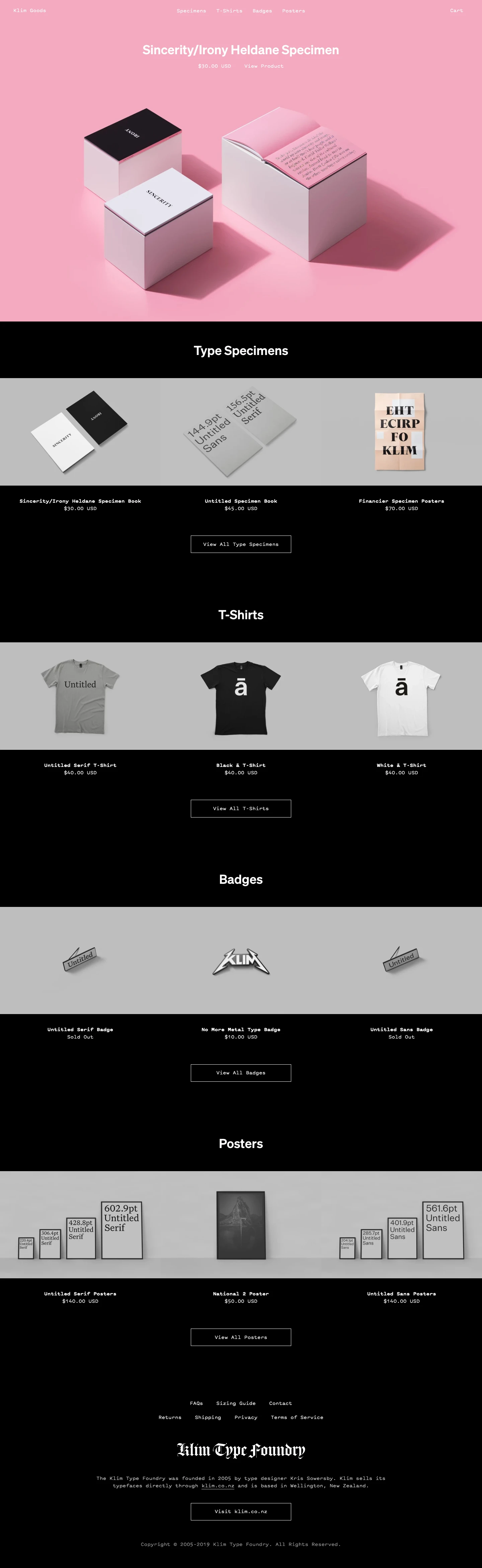 Klim Goods Landing Page Example: Klim Goods sells books and merchandise produced by Klim Type Foundry (Klim). Many of the goods featured were produced in collaboration with other designers and creatives. Klim is an independent typeface design studio led by Kris Sowersby, based in Wellington, New Zealand.