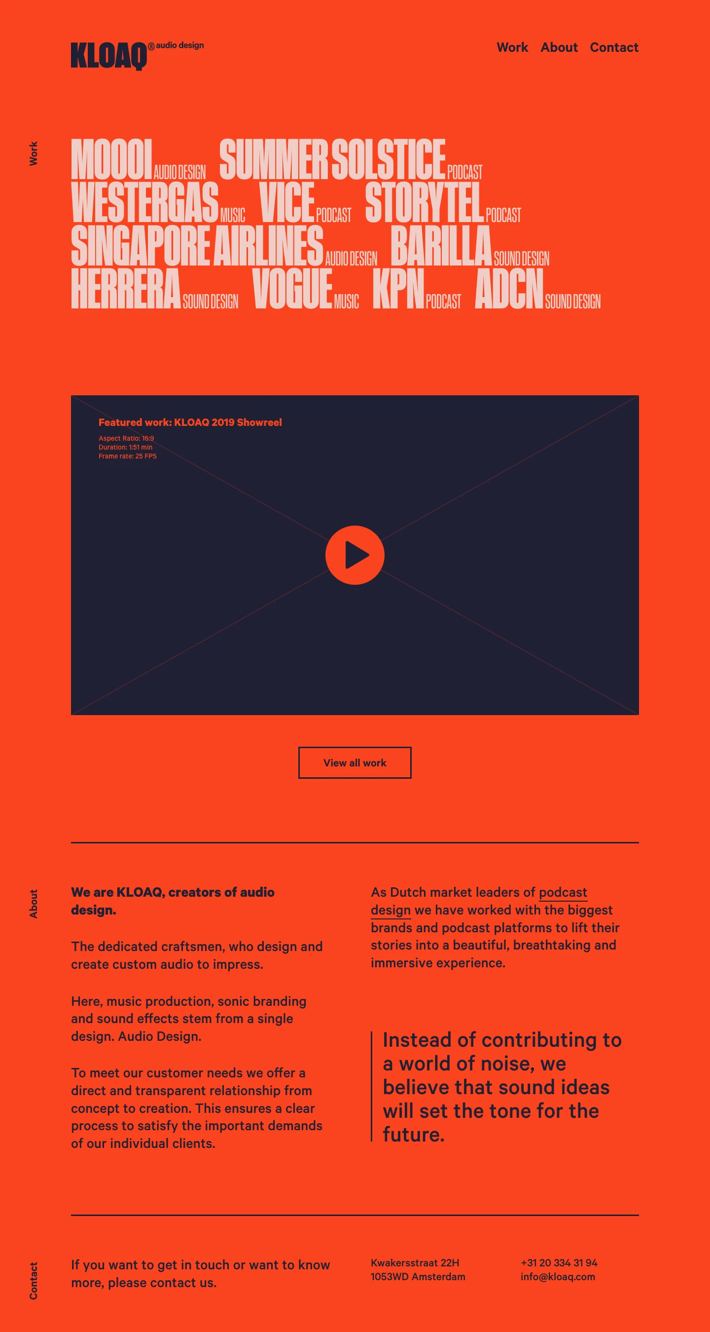 KLOAQ Landing Page Example: We are KLOAQ, creators of audio design. The dedicated craftsmen who design and create custom audio to impress. Here, music production, sonic branding and sound effects stem from a single design. Audio Design. And as Dutch market leaders of podcast design we have worked with the biggest brands and podcast platforms to lift their stories into a beautiful, breathtaking and immersive experience.