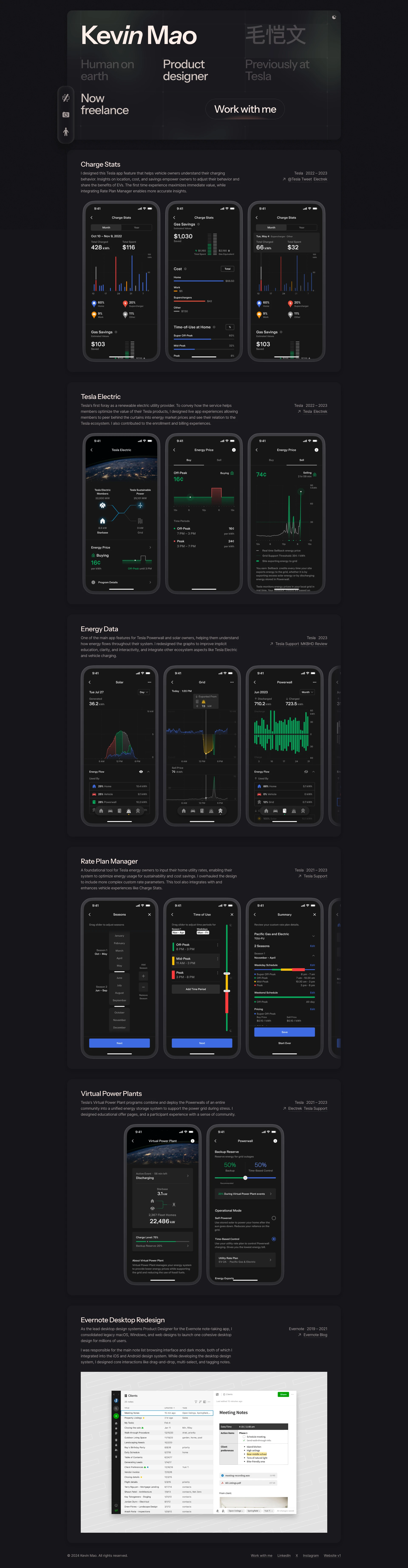 Kevin Mao Landing Page Example: Kevin Mao is a digital product designer and photographer trying to improve the world. He has designed at Tesla and Evernote.