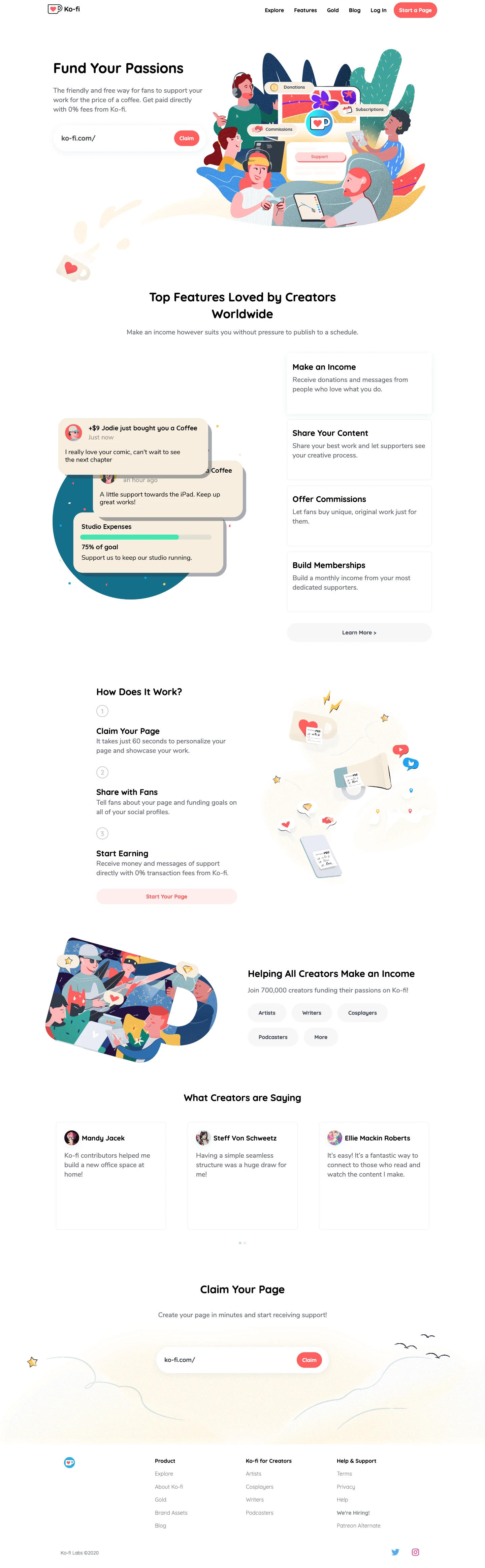 Ko-fi Landing Page Example: Donations and monthly support from fans for the price of a coffee. Free. No Fees. Instant Payments