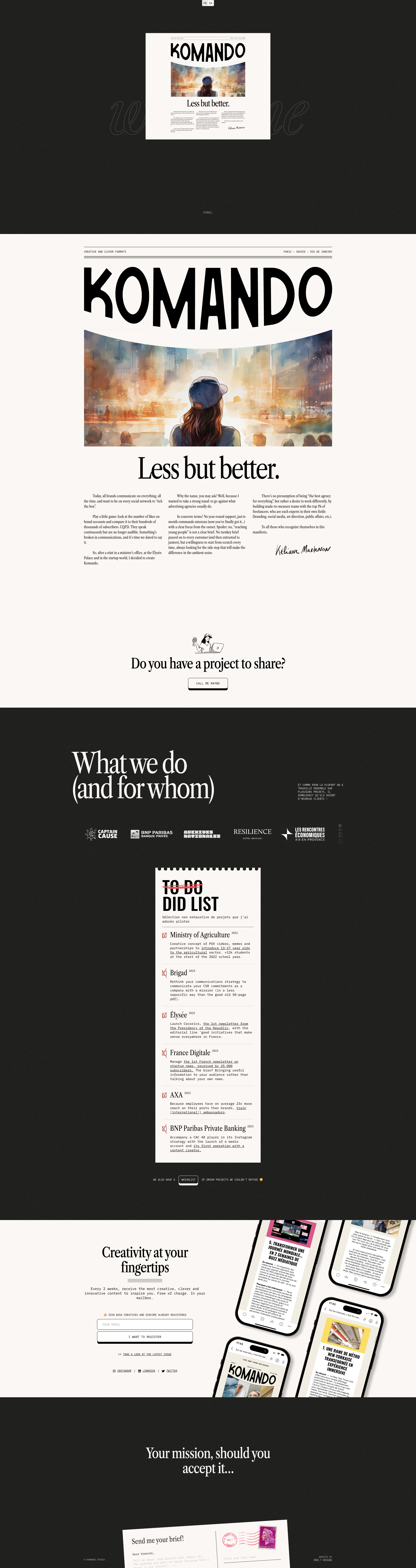 Komando Studio Landing Page Example: Studio and creative media. We didn't choose this name by chance: we like targeted, effective campaigns that dare to take a step to the side.
