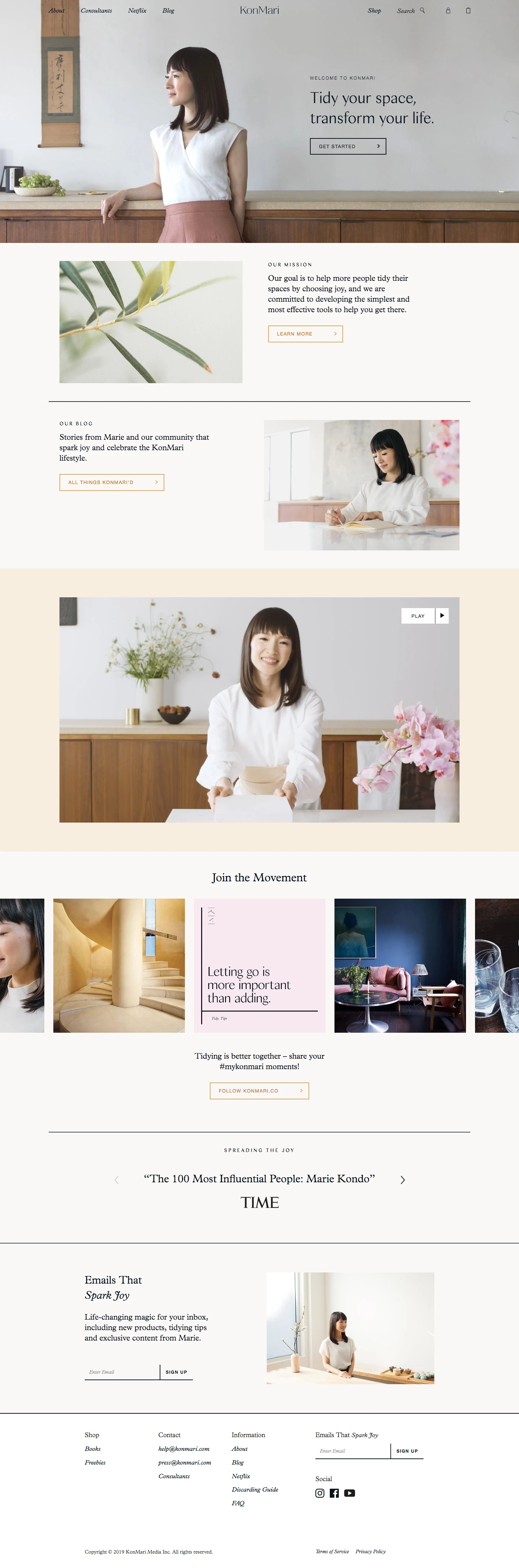 KonMari Landing Page Example: Our goal is to help more people tidy their spaces by choosing joy, and we are committed to developing the simplest and most effective tools to help you get there.