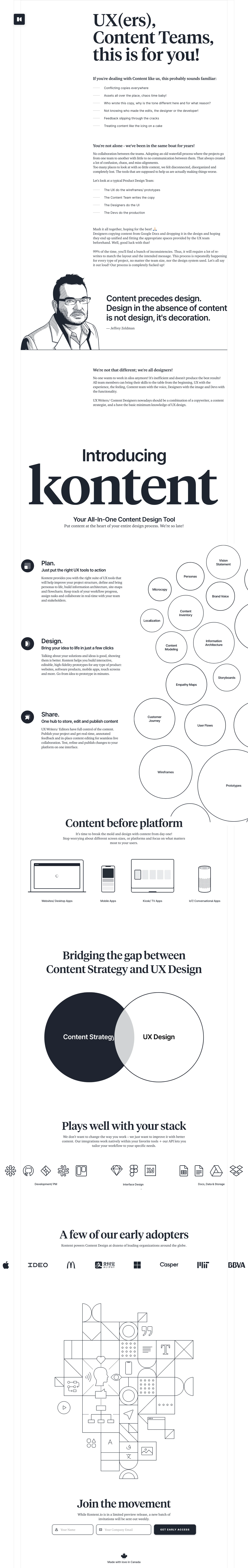 Kontent Landing Page Example: Your all-in-one content design tool. Put content at the heart of your entire design process. We’re so late!