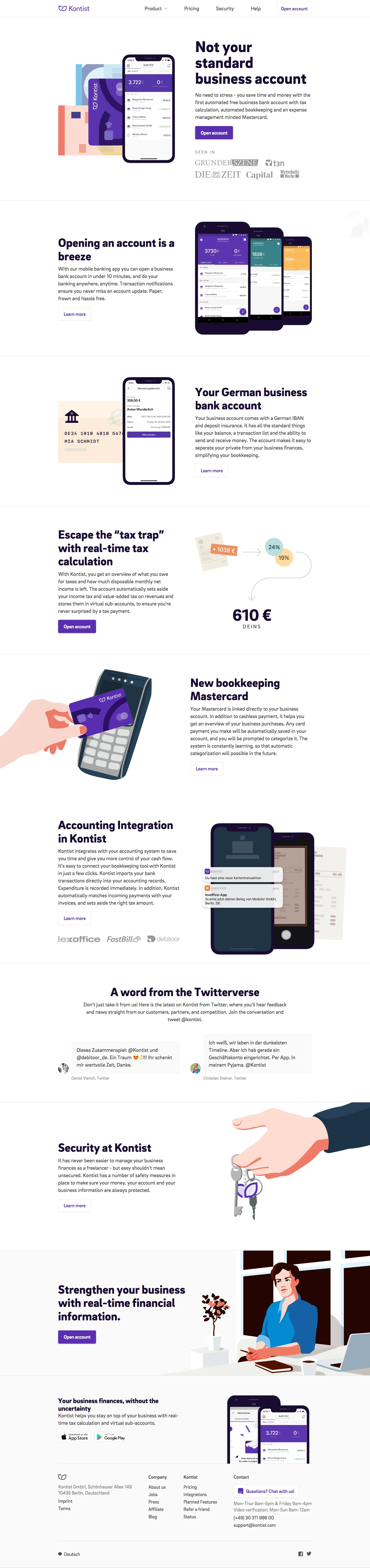 Kontist Landing Page Example: The first banking app exclusively for freelancers. Simplifying life with automated tax and VAT.