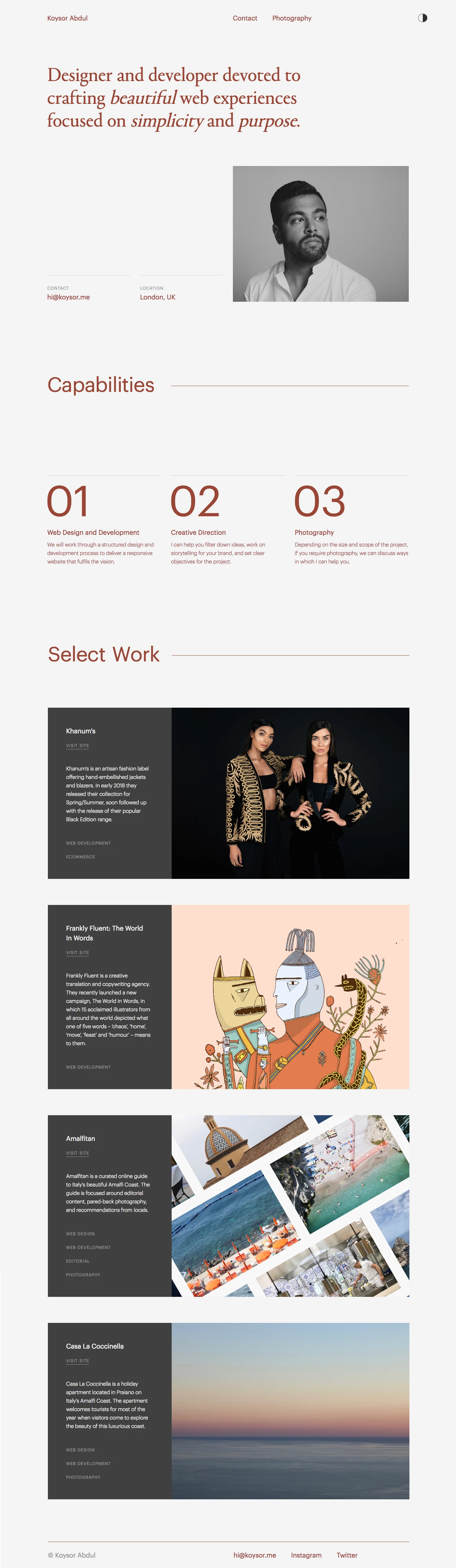 Koysor Abdul Landing Page Example: Designer and developer devoted to crafting beautiful web experiences focused on simplicity and purpose