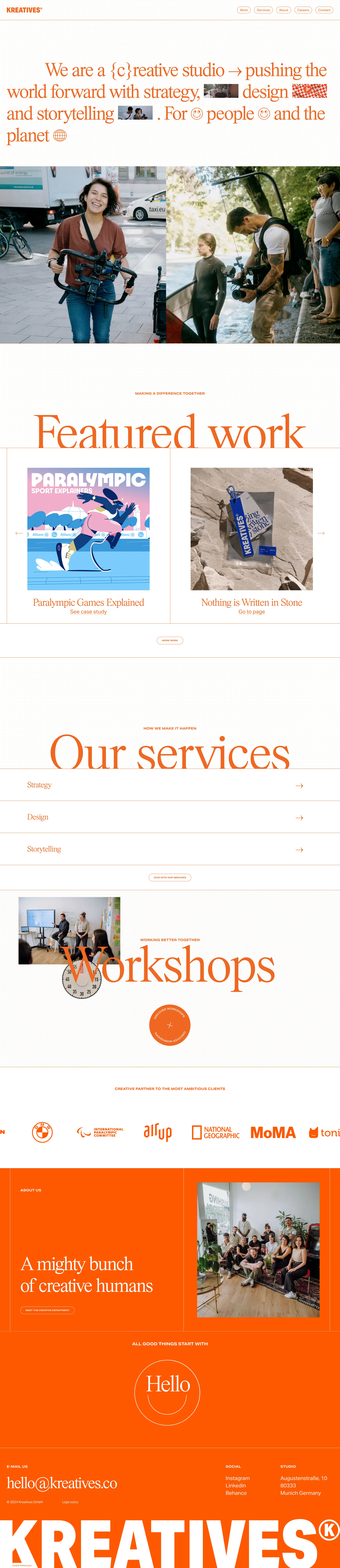 Kreatives Landing Page Example: We are a creative studio pushing the world forward with strategy, design and storytelling. For people and the planet.