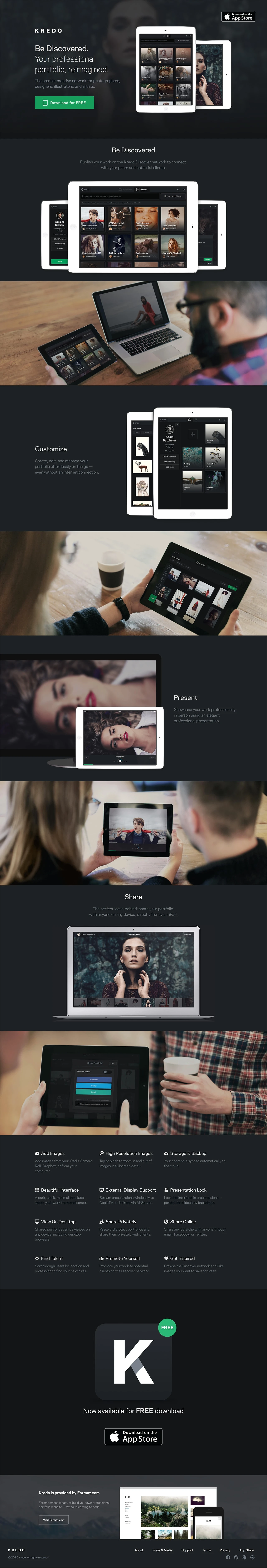 Kredo Landing Page Example: Your professional portfolio, reimagined. The premier creative network for photographers, designers, illustrators, and artists. Free download for iPad.