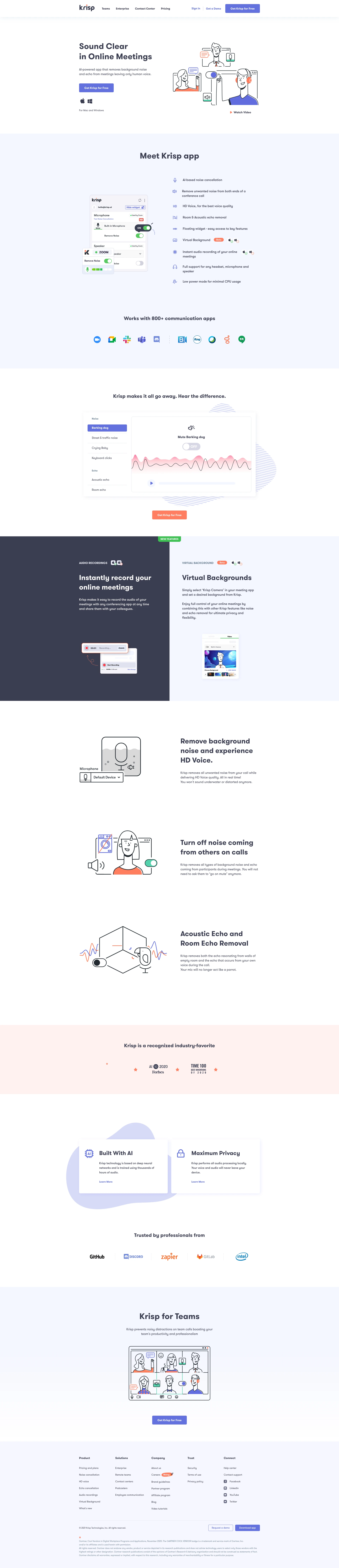 Krisp Landing Page Example: Sound Clear in Online Meetings. AI-powered app that removes background noise and echo from meetings leaving only human voice.