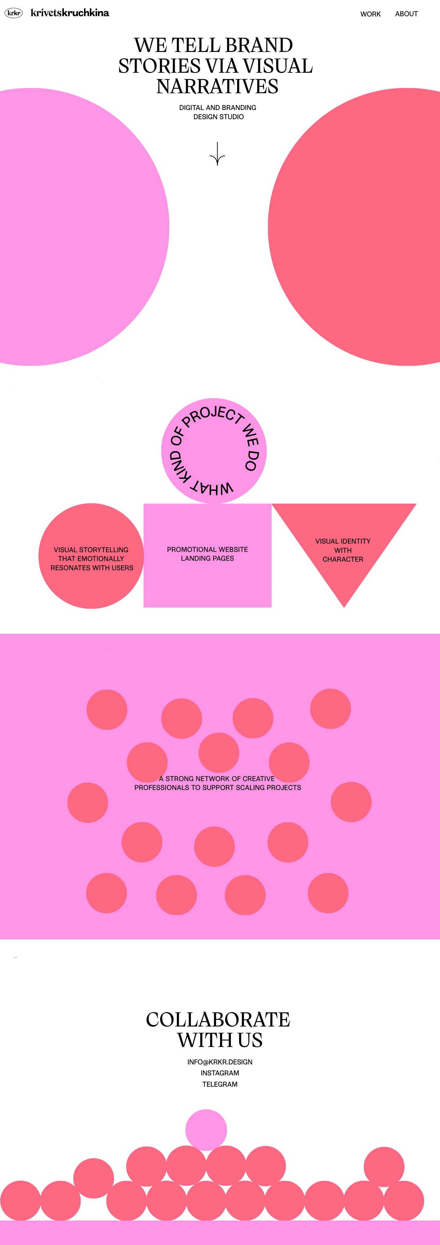krkr Landing Page Example: We are a Moscow-based design studio. Our specialization is visual storytelling. In collaboration with rock-star editors we create narratives and interactive stories that emotionally resonate with users and to engage them with your brand.