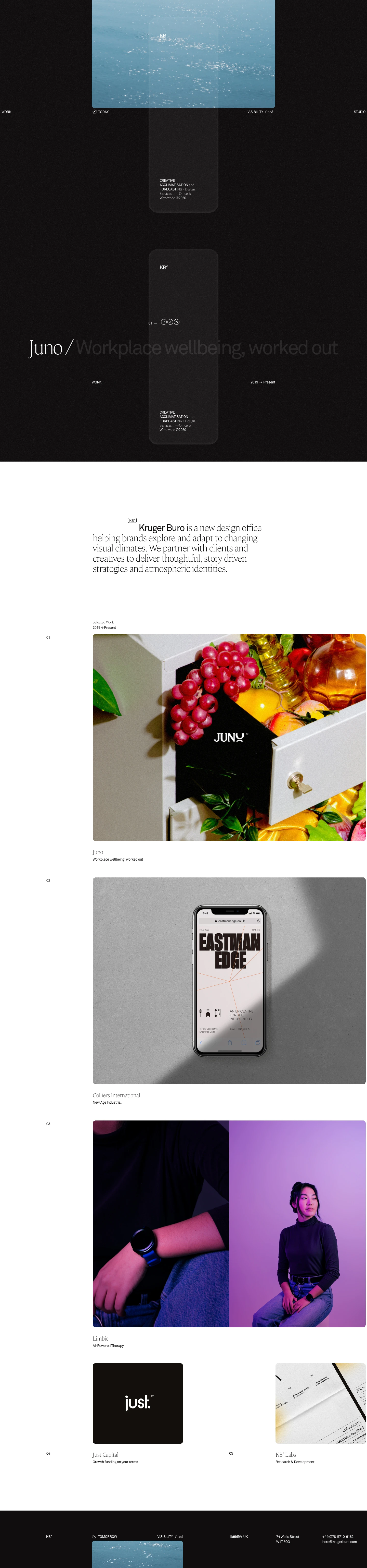 Kruger Buro Landing Page Example: A new design office helping brands explore and adapt to changing visual climates. We partner with clients and creatives to deliver thoughtful, story-driven strategies and atmospheric identities.