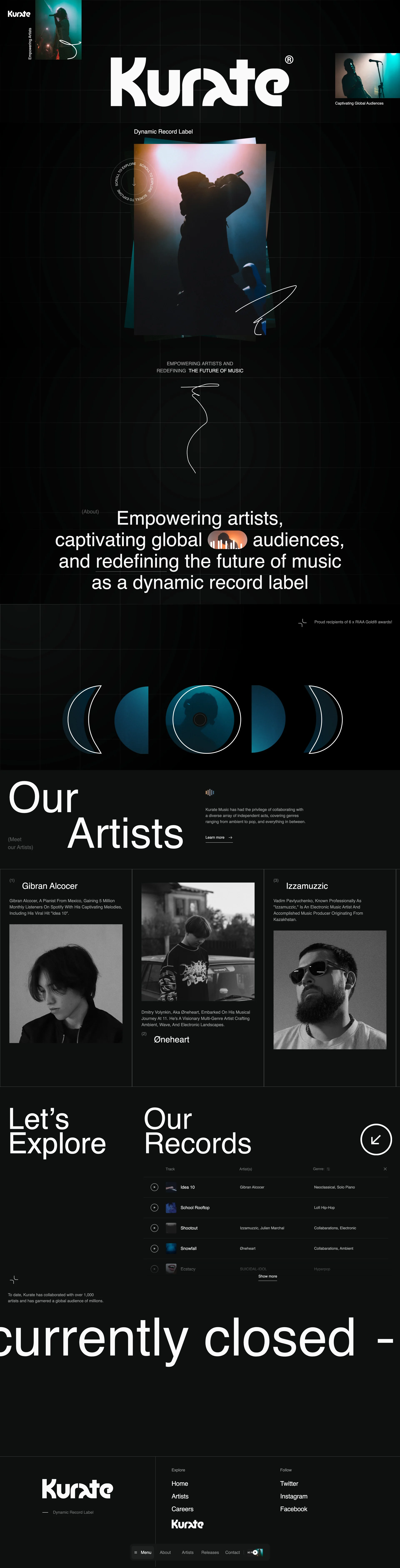 Kurate Music Landing Page Example: Kurate Music, an independent UK record label empowering artists and innovating in sound – awarded with 6 RIAA gold certifications.