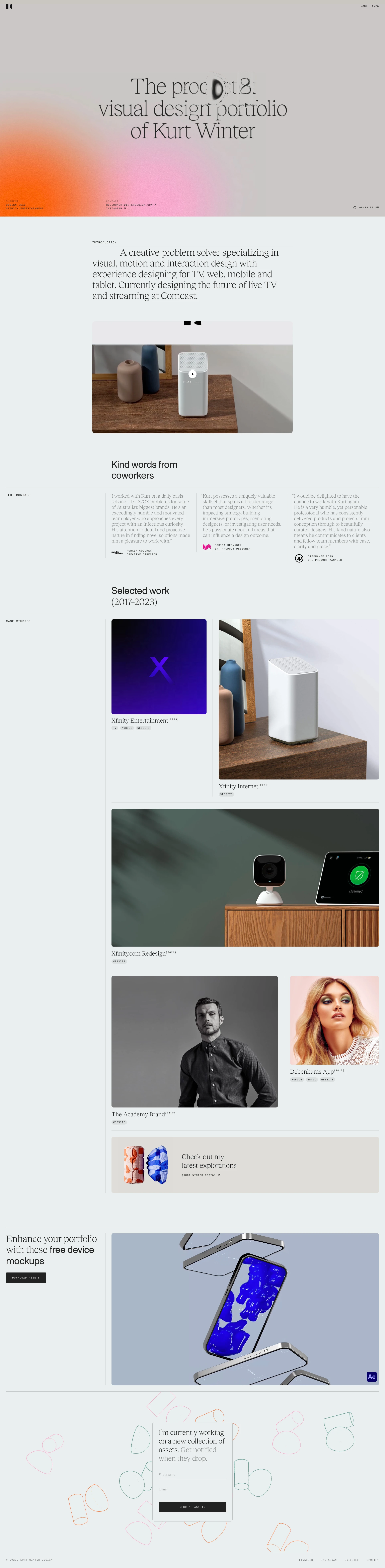 Kurt Winter Landing Page Example: Specializing in bringing ideas to life through prototyping, visual design, and UI systems — along with strategic thinking grounded in a user-centered approach and the endless insights on human behavior and perception from cognitive and behavioral sciences.