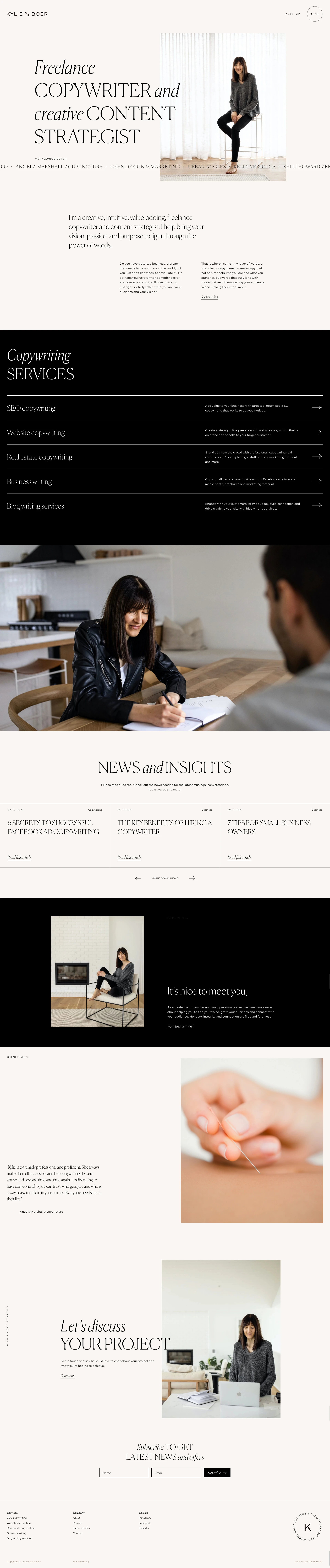 Kylie de Boer Landing Page Example: I’m a creative, value-adding, Sydney freelance copywriter & content strategist. I help bring your vision to light through the power of words.