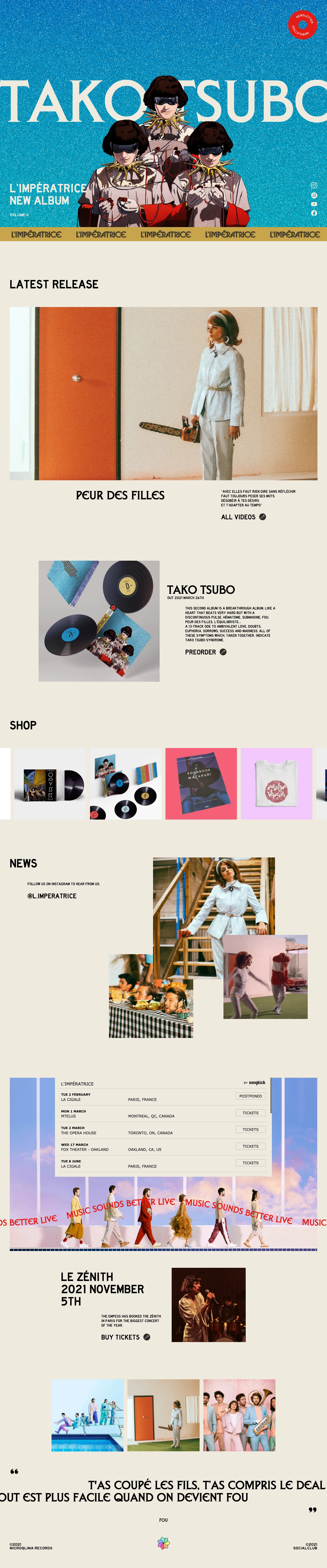 L'Impératrice Landing Page Example: The official website of L'Impératrice. Order the new album Tako Tsubo, released March 26, 2021.