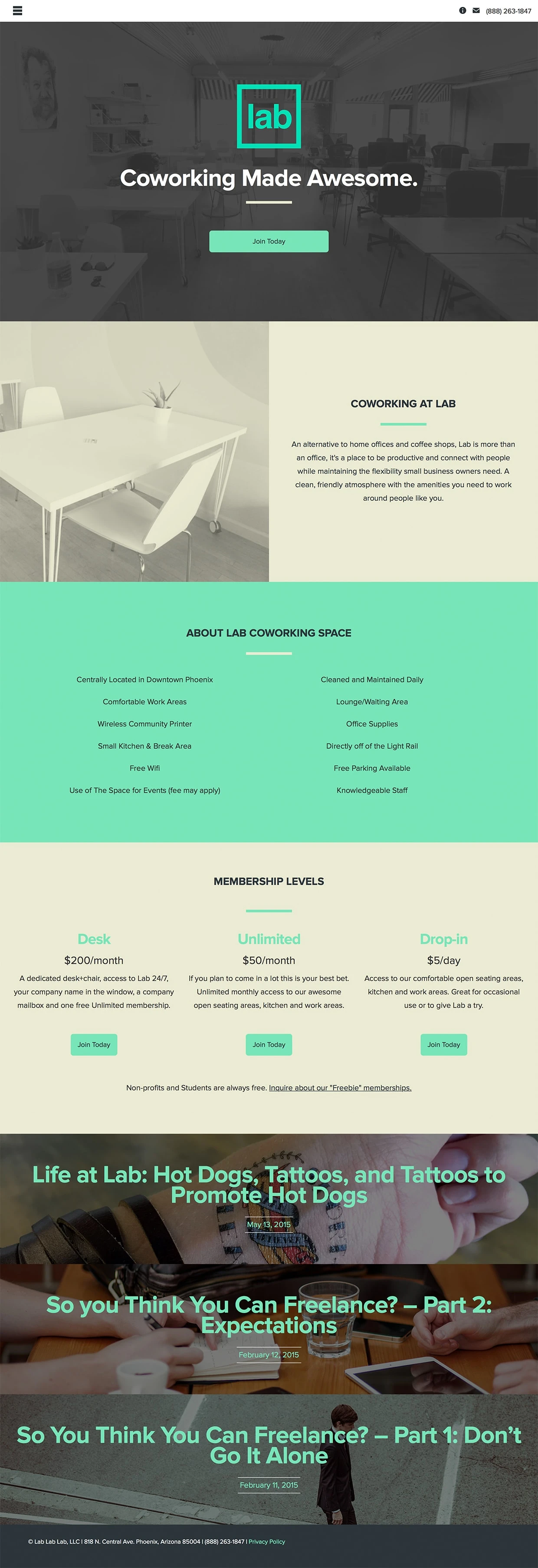 Lab Landing Page Example: A coworking space for creators of all kinds. Walking distance from great art, coffee shops & restaurants. Come make stuff with us.