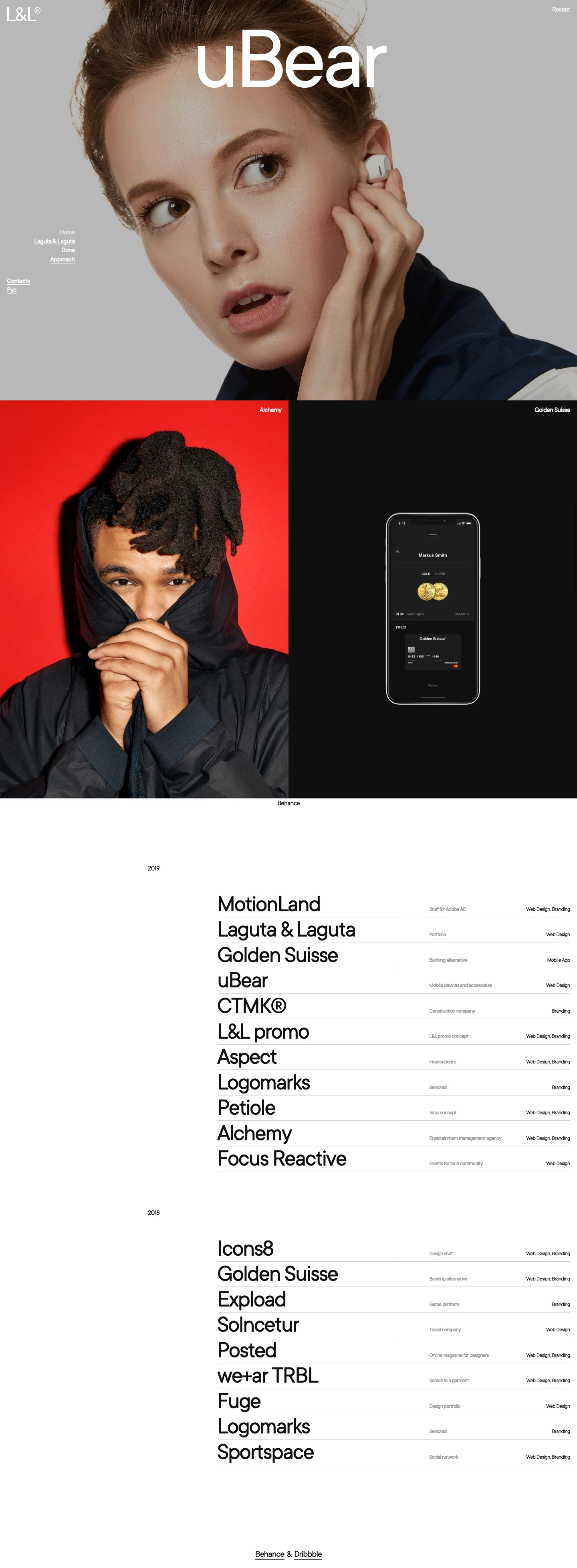 Laguta & Laguta Landing Page Example: We are independent creative pair from Russia. Our goal is to make easy and effective solutionsbased on our experience and relevanceto your business case. We organize design works on web, digital UI, branding solutions and animations.