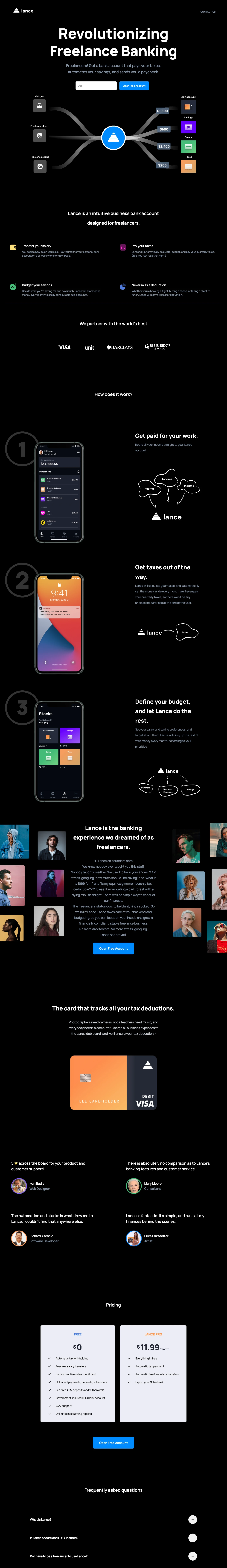 Lance Landing Page Example: Revolutionizing freelance banking. Freelancers! Get a bank account that pays your taxes, automates your savings, and sends you a paycheck.