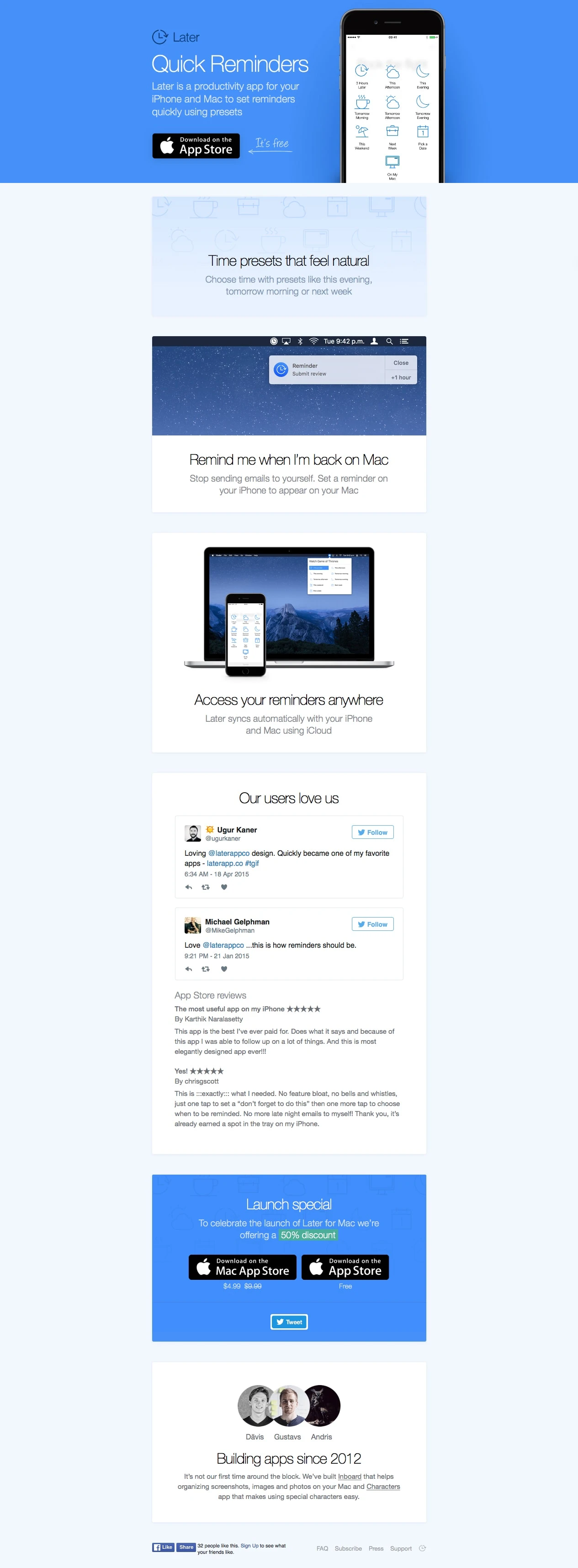 Later Landing Page Example: Quick Reminders. Later is a productivity app for your iPhone and Mac to set reminders quickly using preset. 