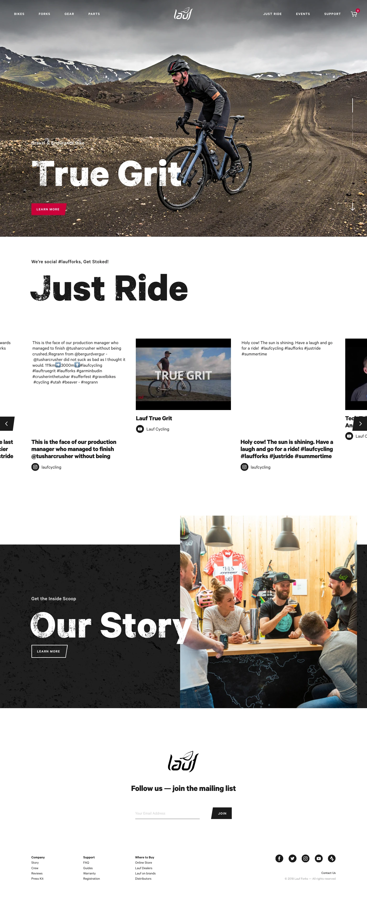 Lauf Forks Landing Page Example: Lauf offers carbon gravel bikes and super light carbon suspension forks for mountain bikes, fat bikes and gravel bikes