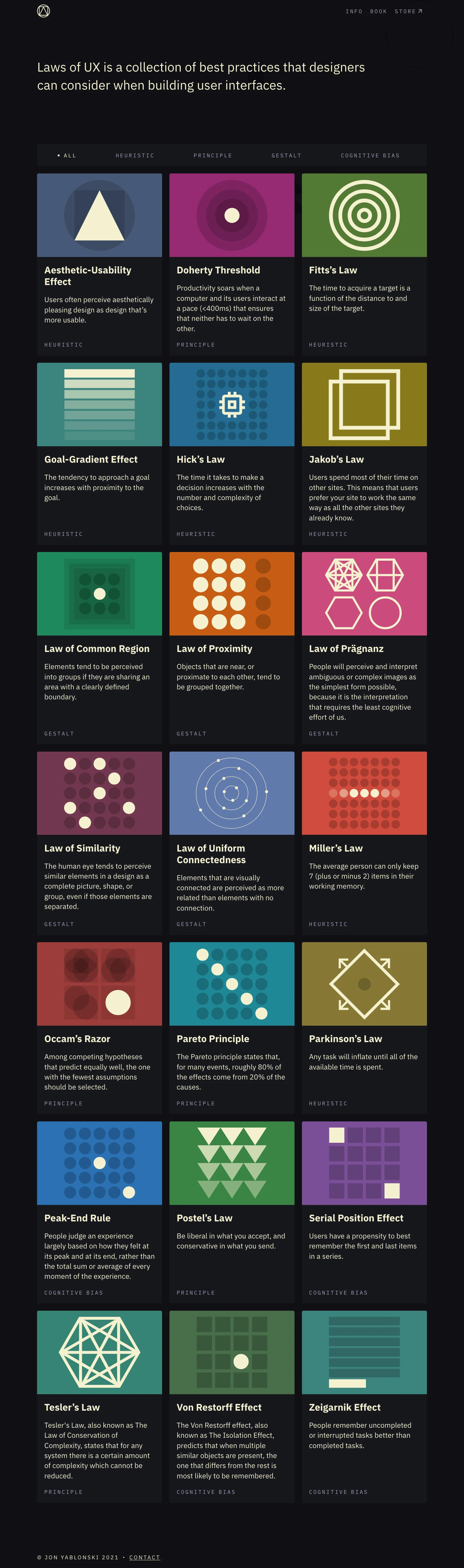 Laws of UX Landing Page Example: Laws of UX is a collection of best practices that designers can consider when building user interfaces. Laws of UX is focused on making complex psychology heuristics accessible to more designers through an interactive resource that collects those that are relevant to user experience design.
