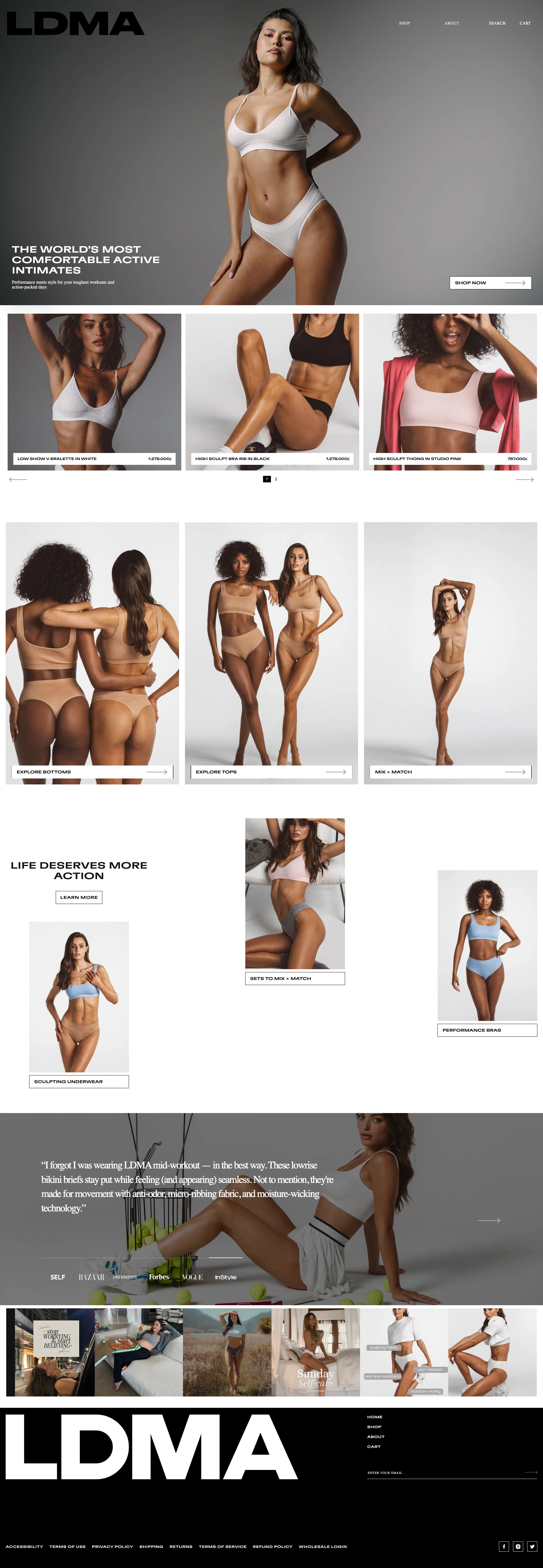 LDMA Landing Page Example: We worked for years to develop the highest quality, best fitting underwear for women on-the-go just like us. We polled hundreds of active females from all walks of life and realized there wasn’t a perfect pair that could withstand our toughest workouts but also make us feel confident, comfortable and sexy through every step of our busy days. From the up-before-sunrise sweat sessions to the after-dark work days—and for everything in between—we wanted a brand that inspired and supported all women to move. Introducing the new staples of your daily uniform, LDMA.