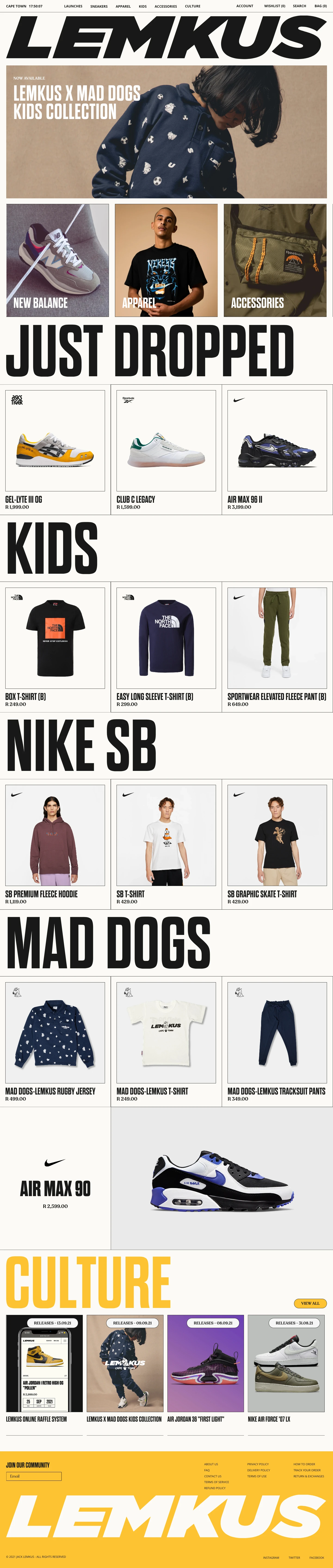 Lemkus Landing Page Example: Sneakers & Culture. View & buy our range of latest sporting apparel and branded sneakers. Buy online, we offer free delivery to all major areas nationwide.