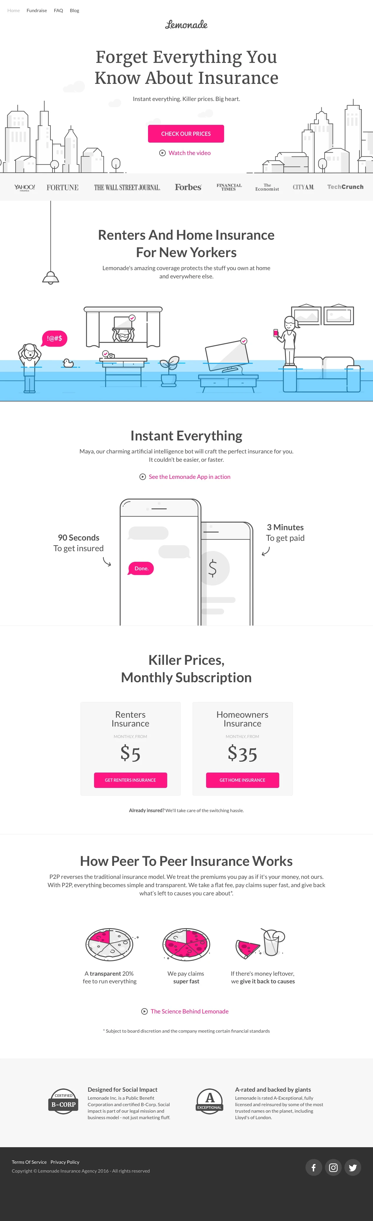 Lemonade Landing Page Example: Lemonade's amazing coverage protects the stuff you own at home and everywhere else.