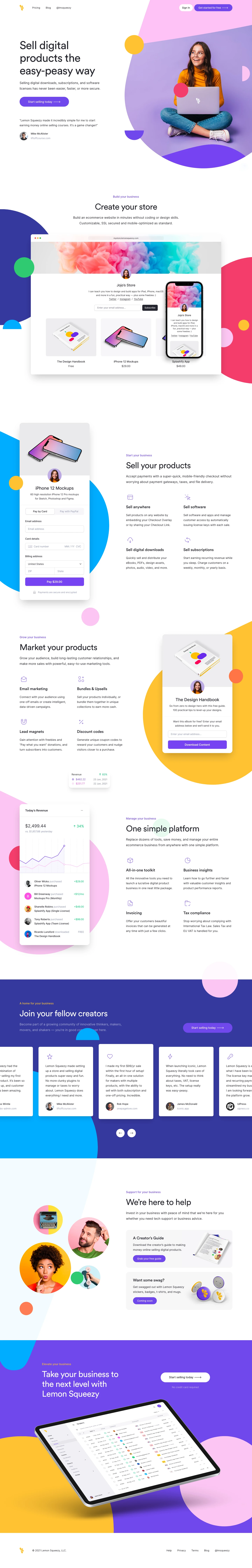 Lemon Squeezy Landing Page Example: Sell digital products the easy-peasy way. Selling digital downloads, subscriptions, and software licenses has never been easier, faster, or more secure.